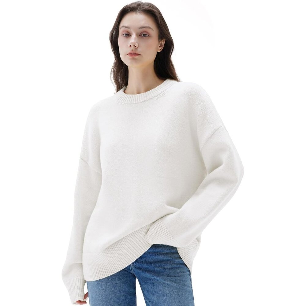Women Cashmere Blend Oversized Crew Neck White Soft Warm Pullover Sweater